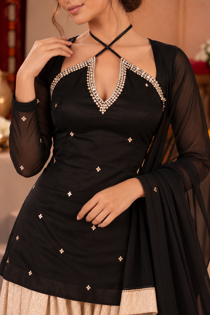 TEJI BLACK BEIGE EMBELLISHED FARSHI SET