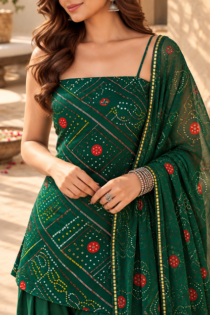 SNEHI GREEN BANDHEJ FARSHI SET