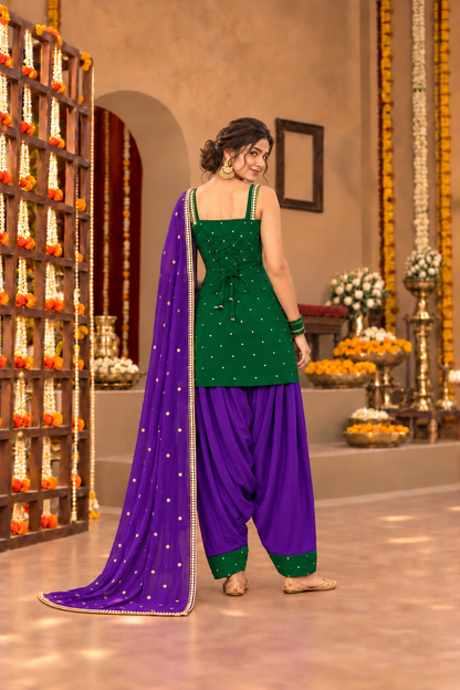 GOURI GREEN VIOLET COLOR BLOCK FARSHI SET