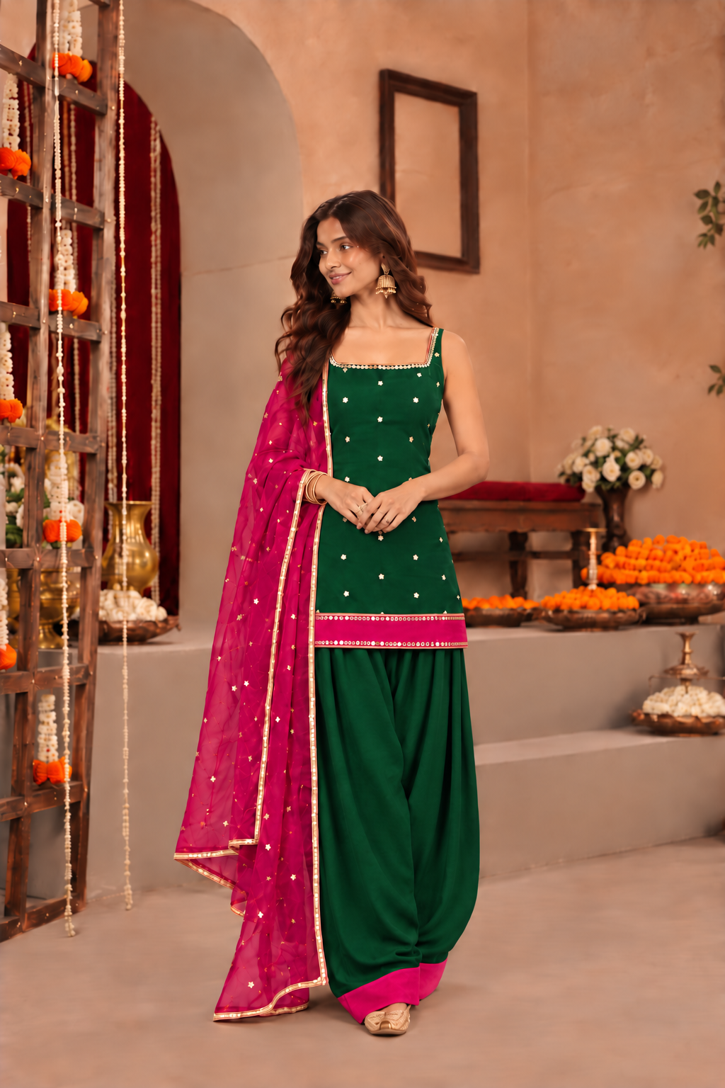 JUHI PINK GREEN COLOR BLOCK FARSHI SET