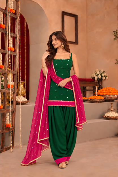 JUHI PINK GREEN COLOR BLOCK FARSHI SET