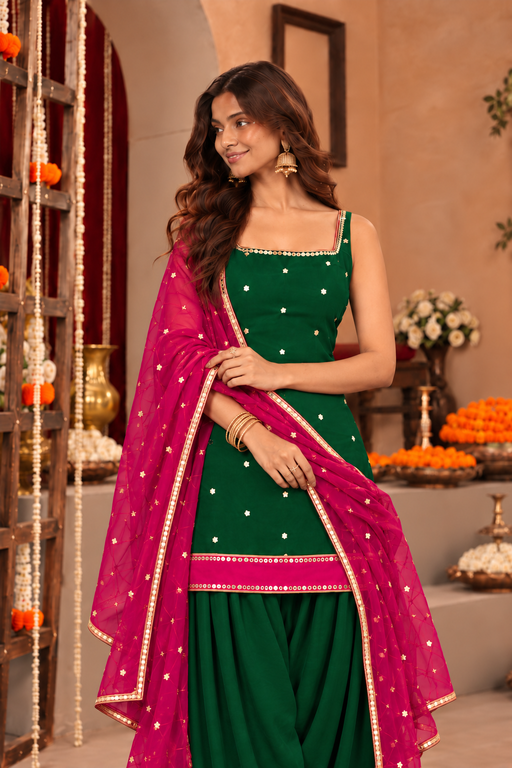 JUHI PINK GREEN COLOR BLOCK FARSHI SET