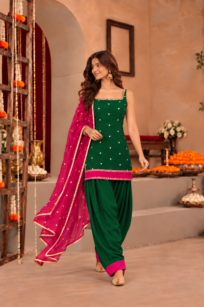 JUHI PINK GREEN COLOR BLOCK FARSHI SET