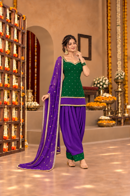 GOURI GREEN VIOLET COLOR BLOCK FARSHI SET