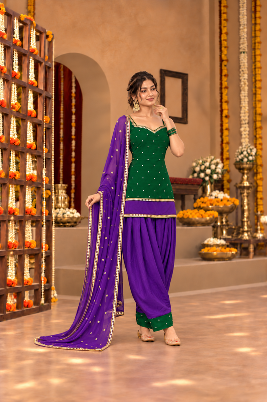 GOURI GREEN VIOLET COLOR BLOCK FARSHI SET