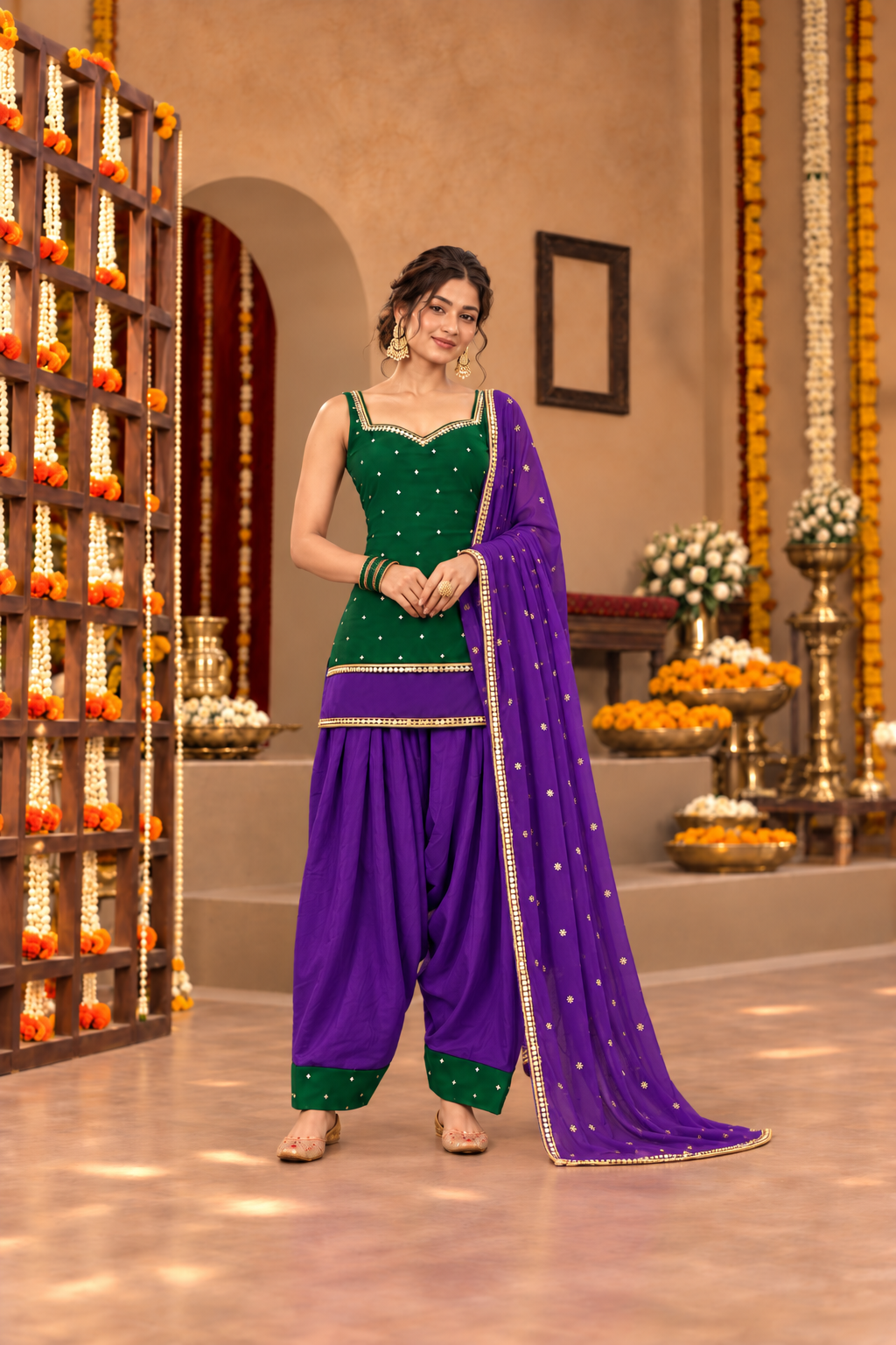 GOURI GREEN VIOLET COLOR BLOCK FARSHI SET