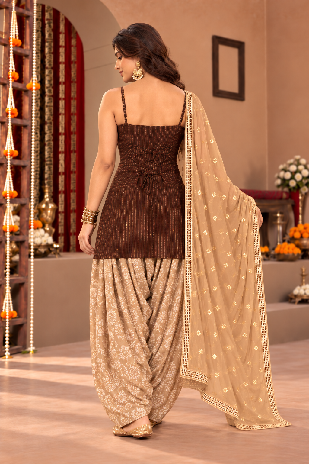 SHABANA COCO CHAMPAGNE BROCADE COLOR BLOCK FARSHI SET
