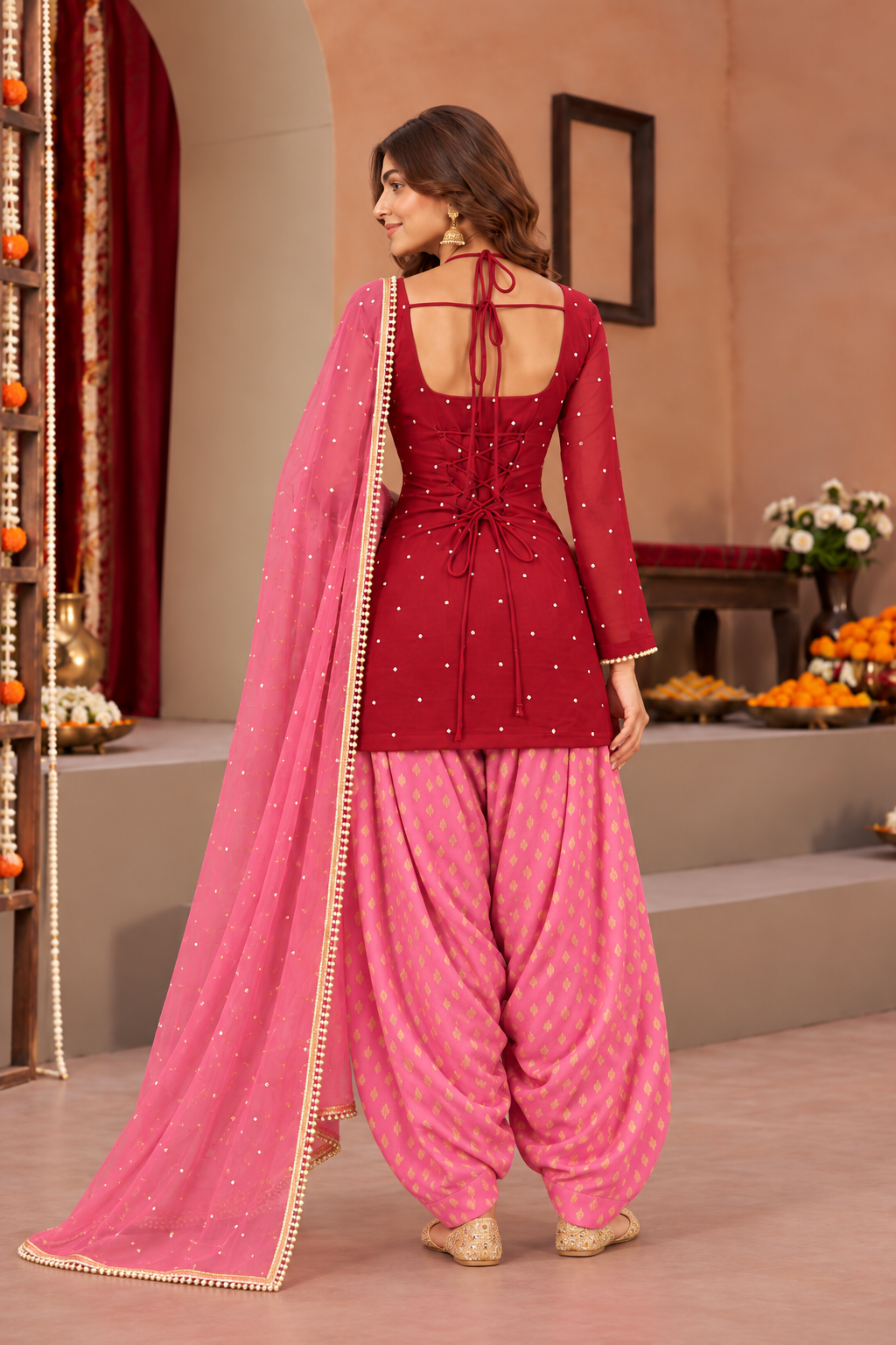 TASHI RED PINK COLOR BLOCK FARSHI SET