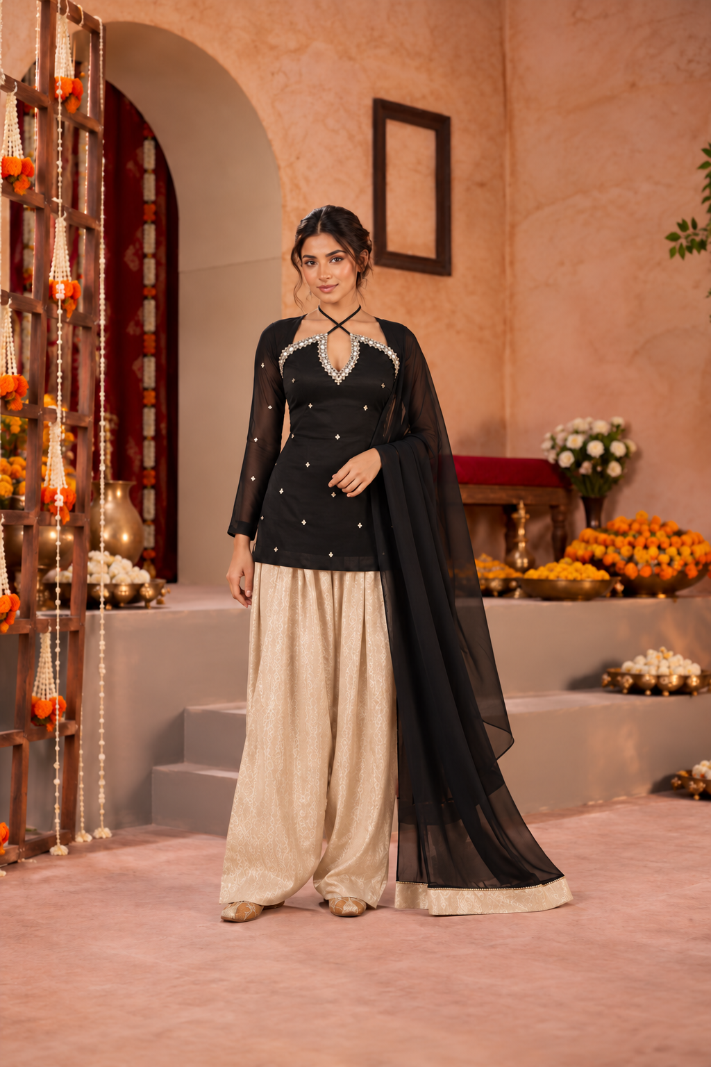 TEJI BLACK BEIGE EMBELLISHED FARSHI SET