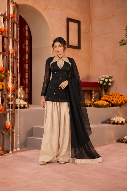 TEJI BLACK BEIGE EMBELLISHED FARSHI SET