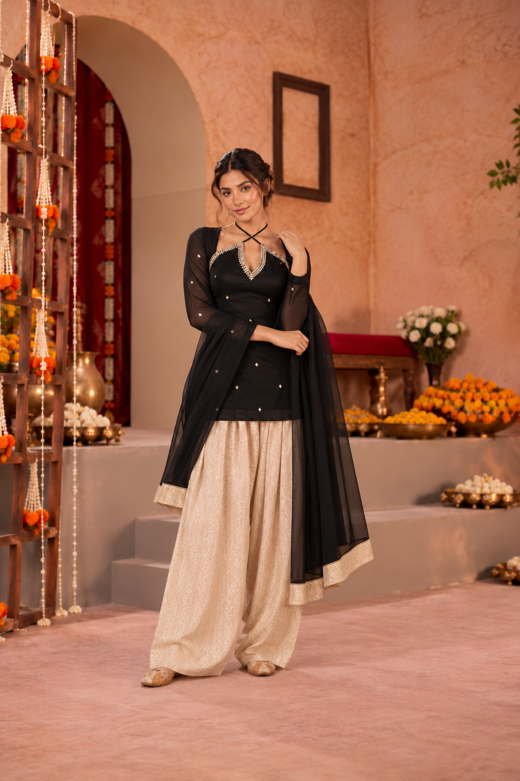TEJI BLACK BEIGE EMBELLISHED FARSHI SET