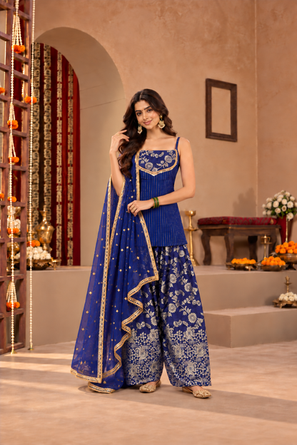 SRISHTI BLUE BROCADE COLOR BLOCK FARSHI SET