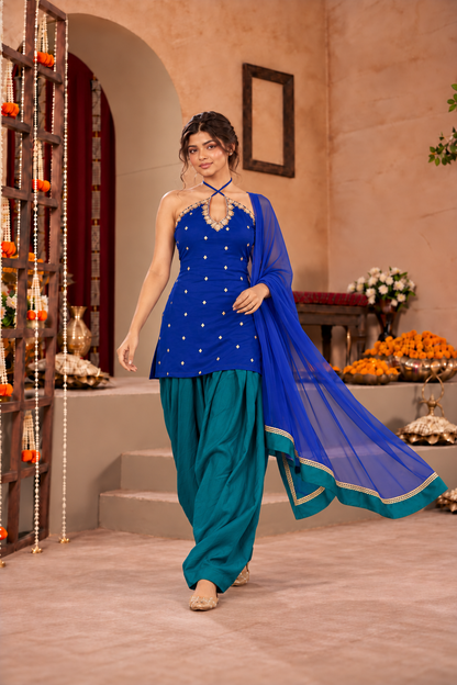 MRINMAI COBALT BLUE PEACOCK BLUE EMBELLISHED FARSHI SET