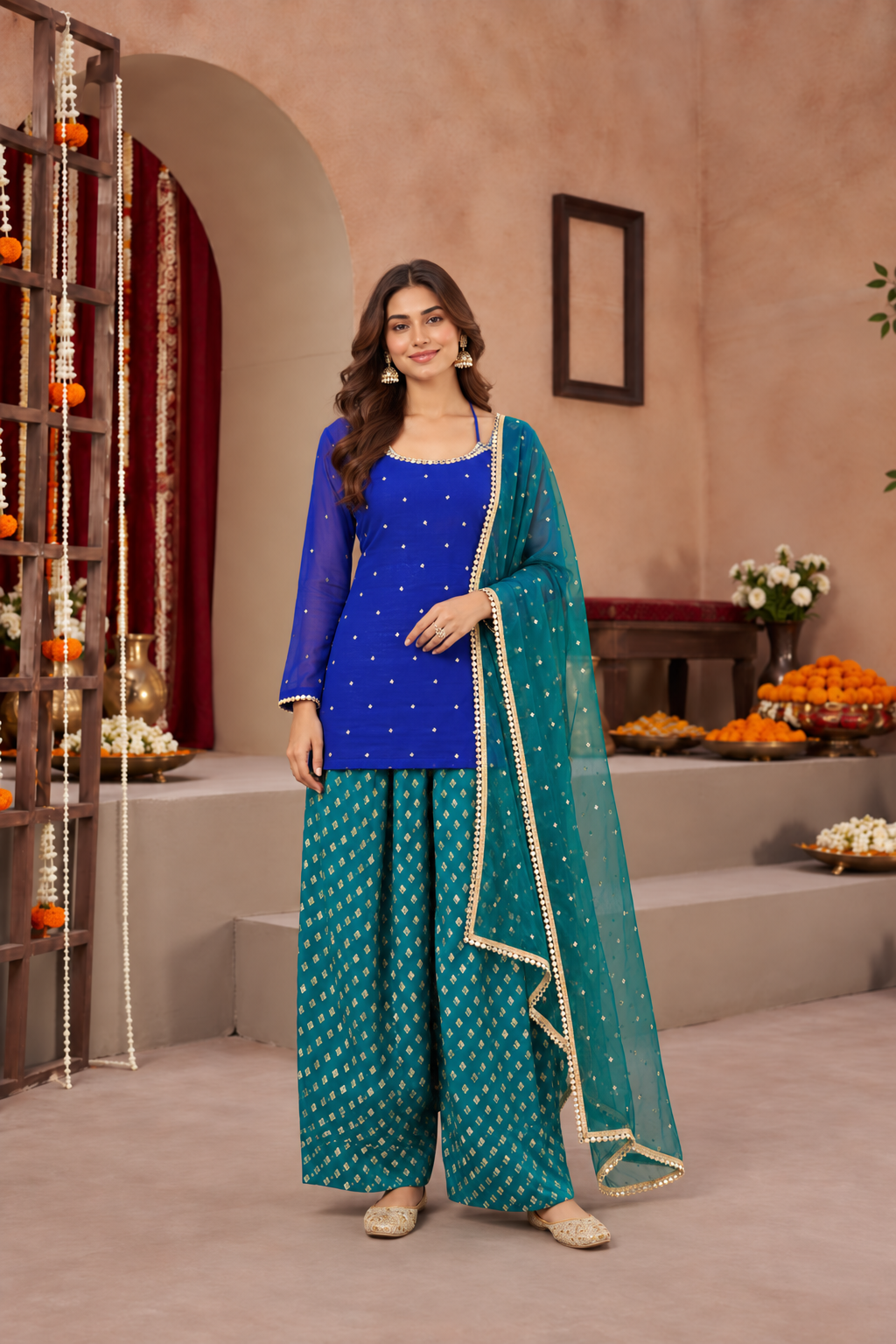 JAYA GREEN BLUE COLOR BLOCK FARSHI SET
