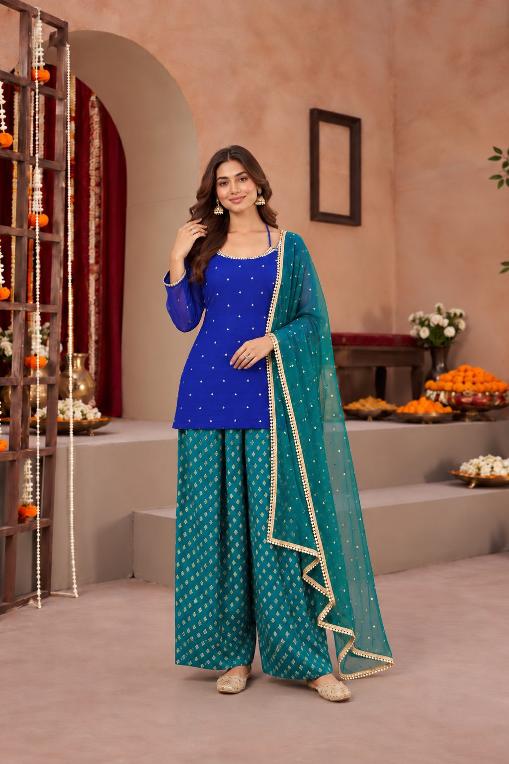 JAYA GREEN BLUE COLOR BLOCK FARSHI SET