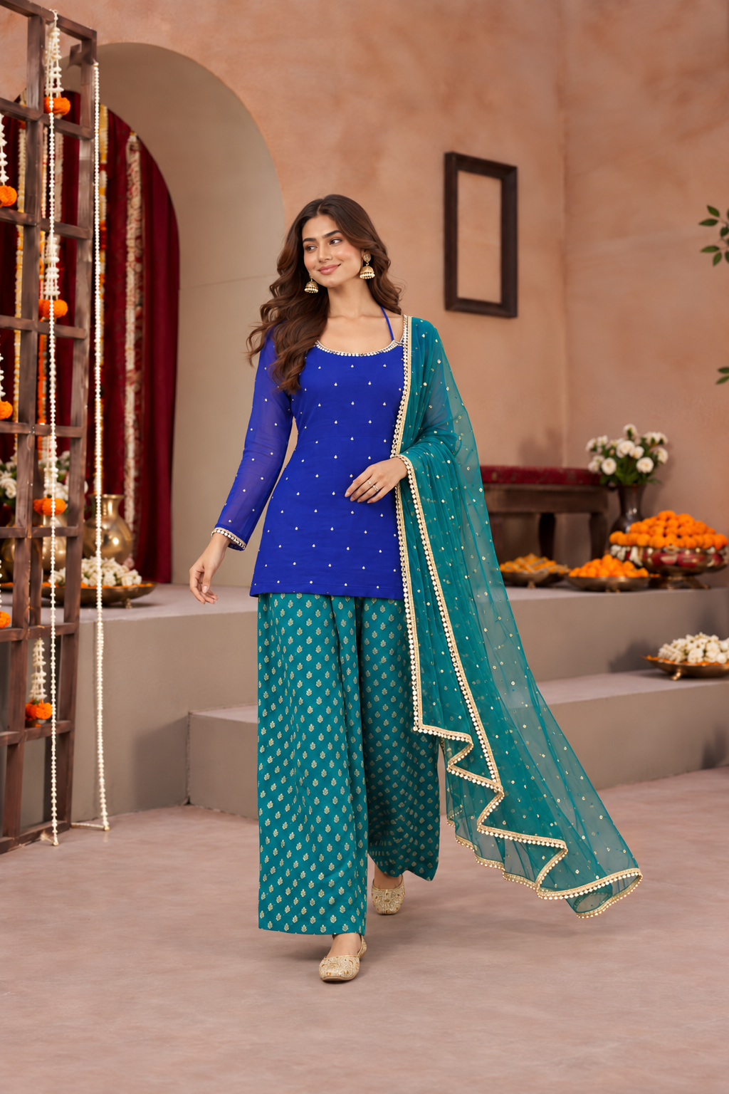 JAYA GREEN BLUE COLOR BLOCK FARSHI SET