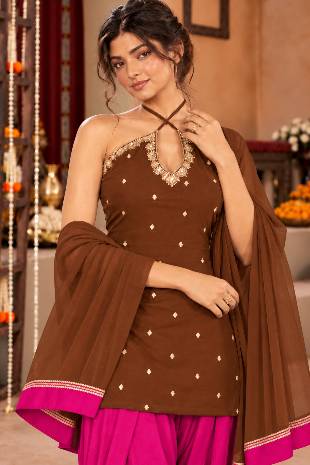SANJANA BROWN PINK EMBELLISHED FARSHI SET