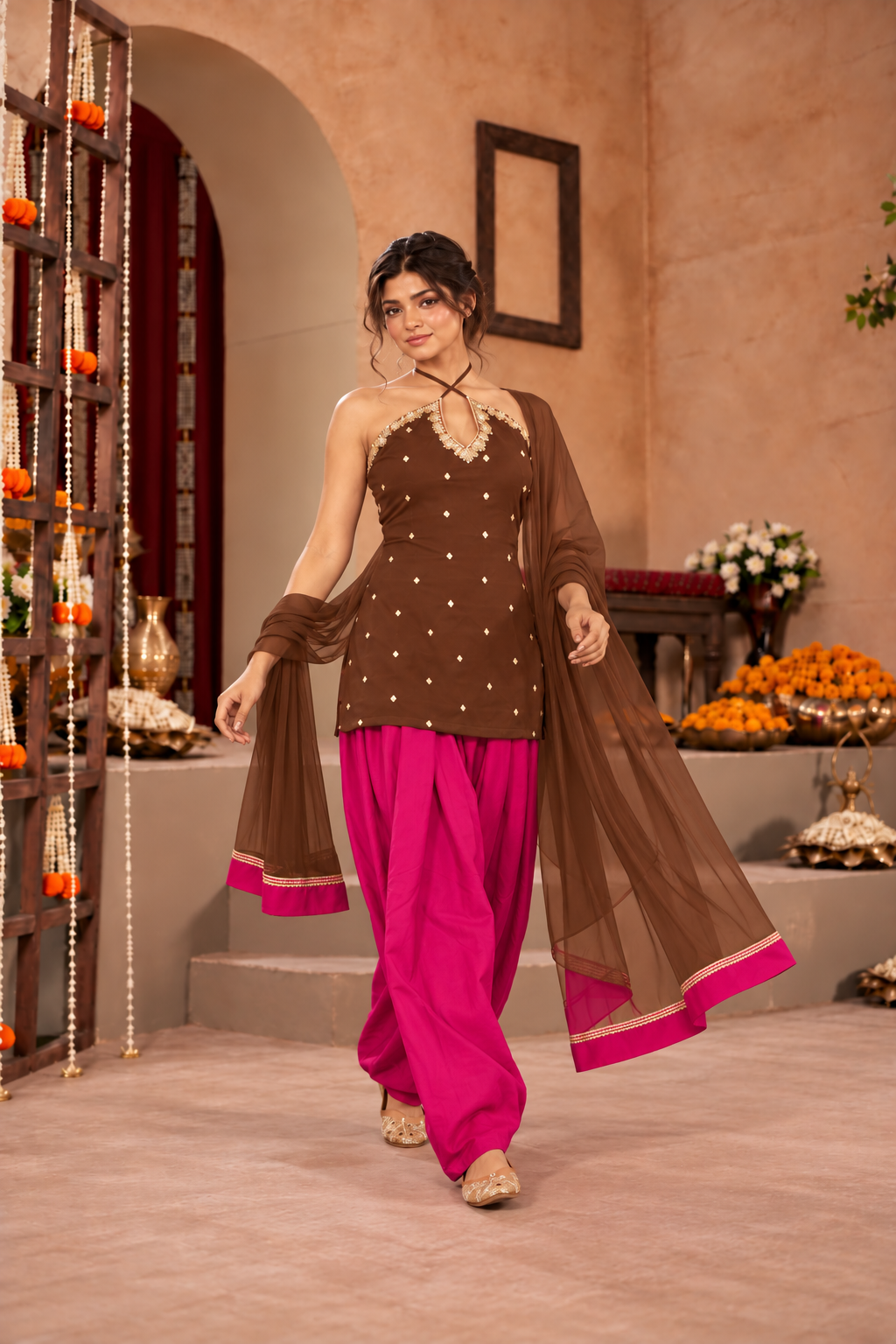 SANJANA BROWN PINK EMBELLISHED FARSHI SET