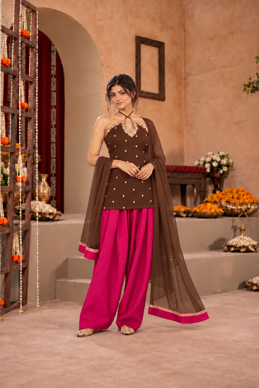 SANJANA BROWN PINK EMBELLISHED FARSHI SET