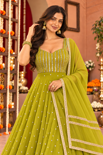 AKHILA GREEN FUSION ANARKALI SET