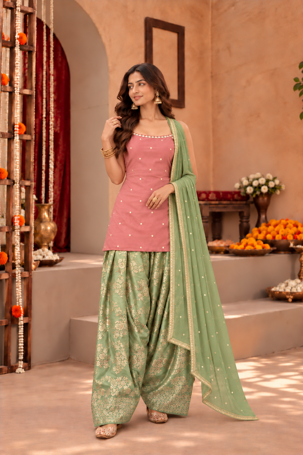 NIVEDITA DUST ROSE PASTEL GREEN FARSHI SALWAR SET
