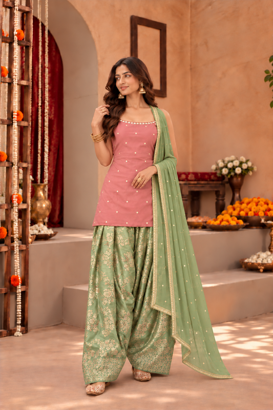 NIVEDITA DUST ROSE PASTEL GREEN FARSHI SALWAR SET
