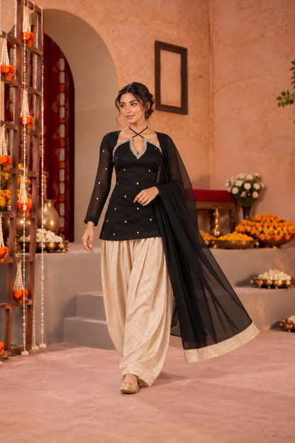 TEJI BLACK BEIGE EMBELLISHED FARSHI SET
