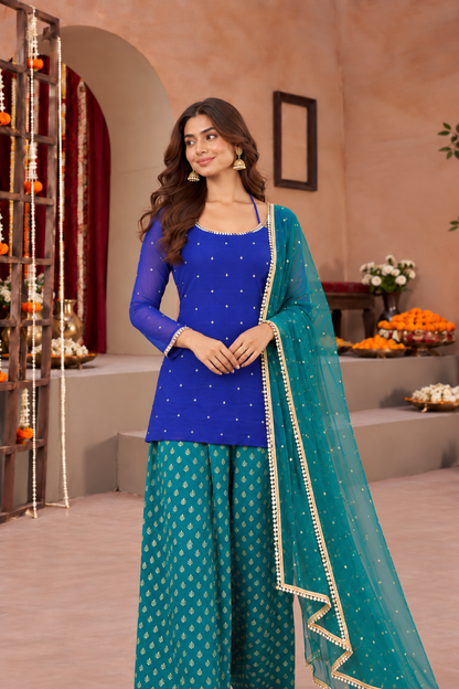 JAYA GREEN BLUE COLOR BLOCK FARSHI SET