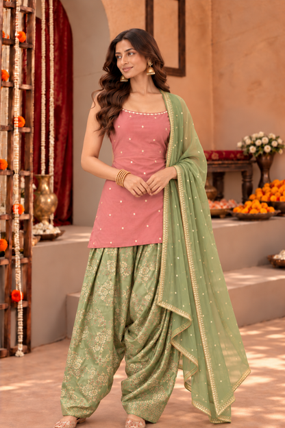 NIVEDITA DUST ROSE PASTEL GREEN FARSHI SALWAR SET