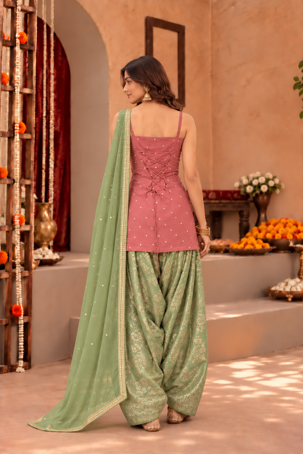 NIVEDITA DUST ROSE PASTEL GREEN FARSHI SALWAR SET