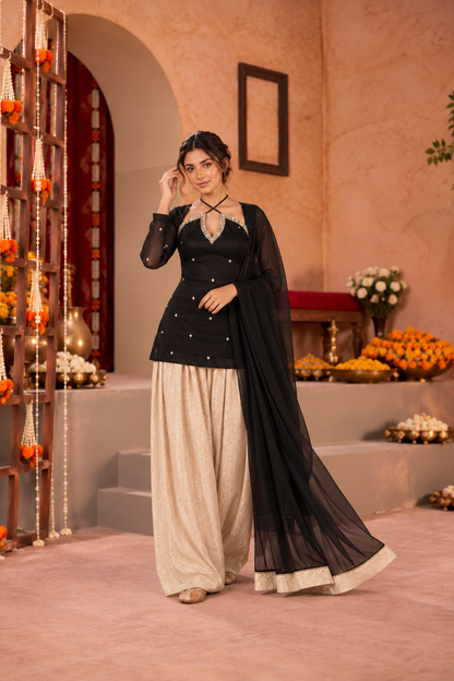 TEJI BLACK BEIGE EMBELLISHED FARSHI SET
