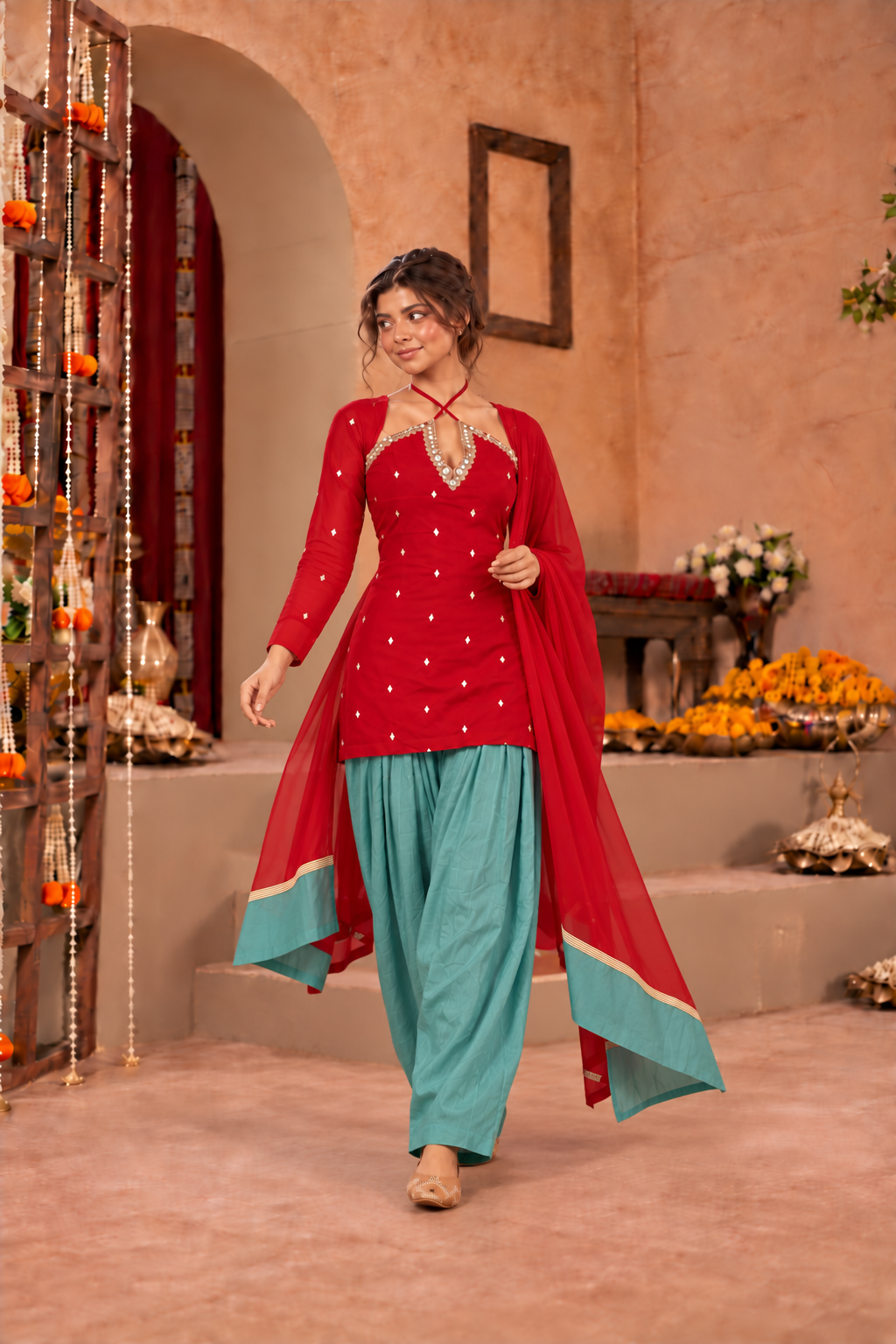 TANUSHRI RED TEAL EMBELLISHED FARSHI SET