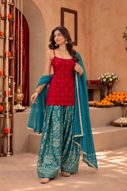 JAGRUTI RED TEAL FARSHI SALWAR SET
