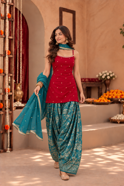 JAGRUTI RED TEAL FARSHI SALWAR SET