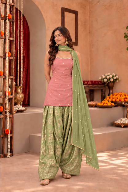 NIVEDITA DUST ROSE PASTEL GREEN FARSHI SALWAR SET