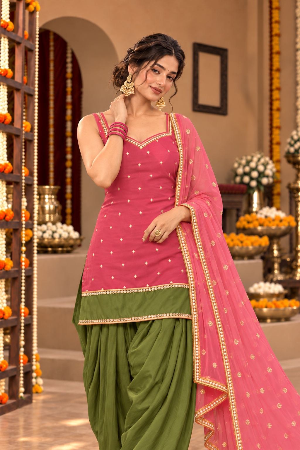 RAVIKA DUST ROSE GREEN COLOR BLOCK FARSHI SET