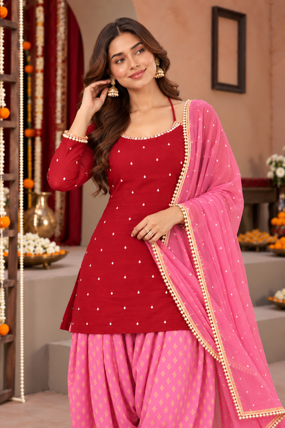 TASHI RED PINK COLOR BLOCK FARSHI SET