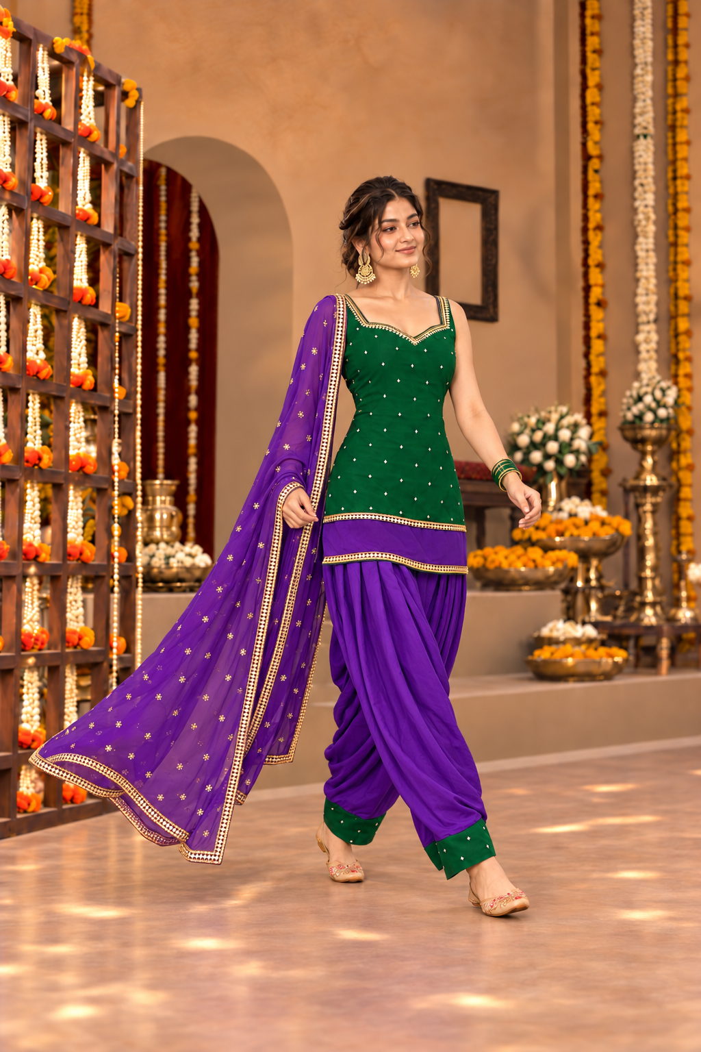 GOURI GREEN VIOLET COLOR BLOCK FARSHI SET