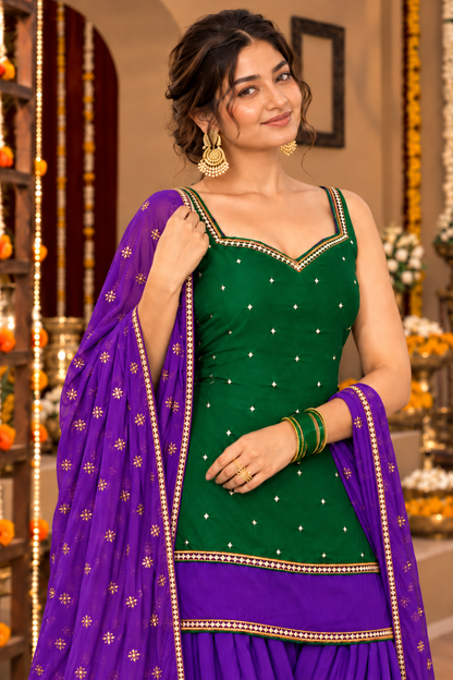 GOURI GREEN VIOLET COLOR BLOCK FARSHI SET