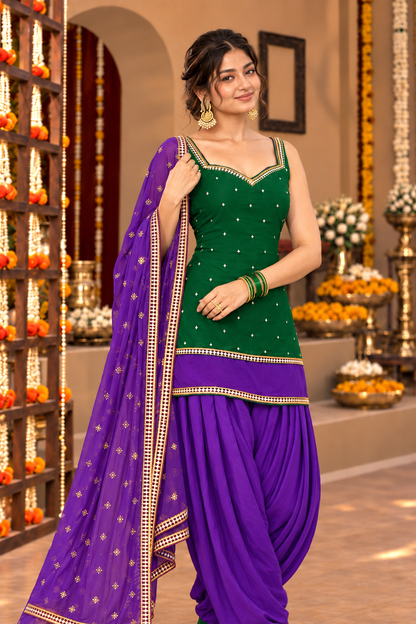 GOURI GREEN VIOLET COLOR BLOCK FARSHI SET