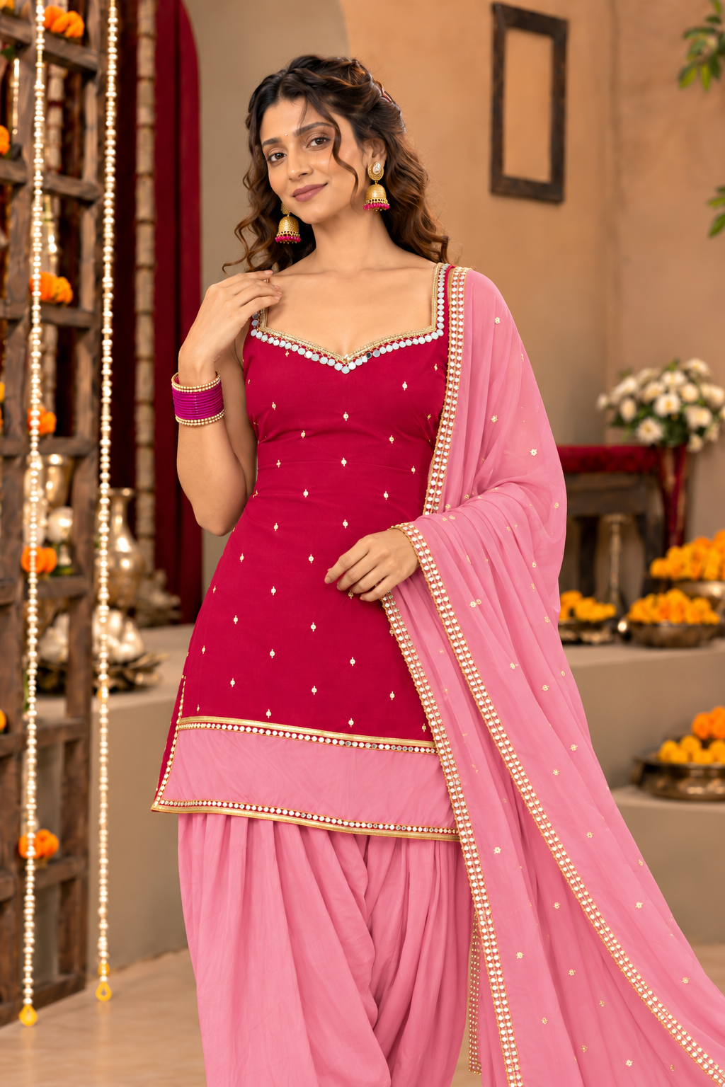 PARUL RUBY PINK COLOR BLOCK FARSHI SET