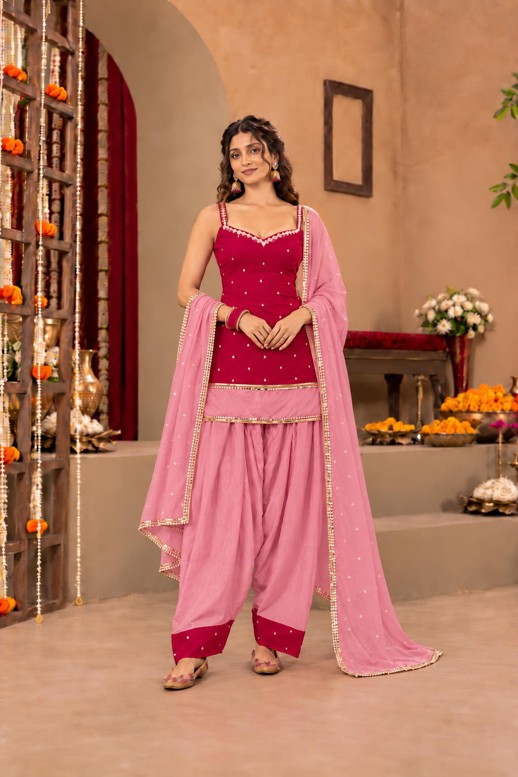 PARUL RUBY PINK COLOR BLOCK FARSHI SET