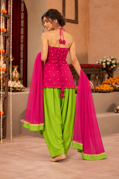 ISHIKA PINK LIME GREEN EMBELLISHED FARSHI SET