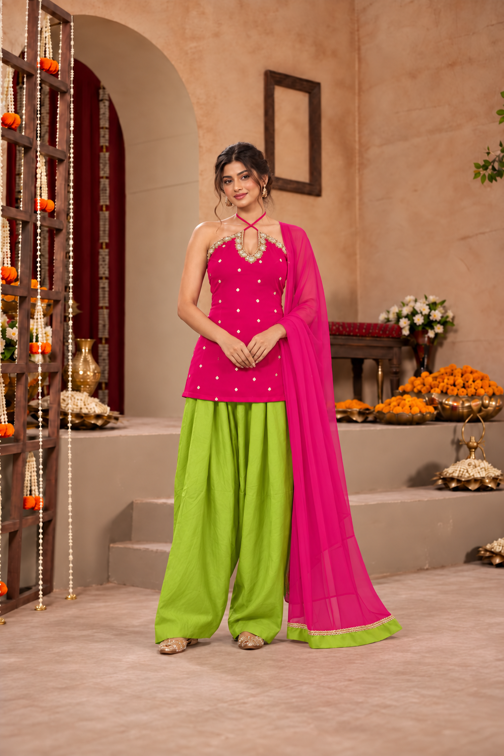 ISHIKA PINK LIME GREEN EMBELLISHED FARSHI SET