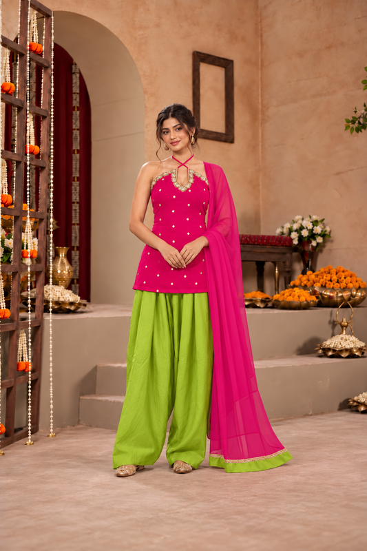 ISHIKA PINK LIME GREEN EMBELLISHED FARSHI SET