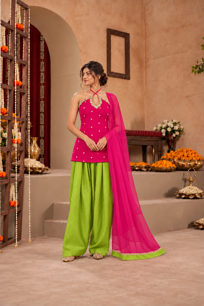 ISHIKA PINK LIME GREEN EMBELLISHED FARSHI SET