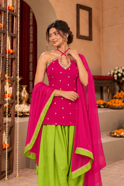 ISHIKA PINK LIME GREEN EMBELLISHED FARSHI SET