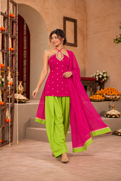 ISHIKA PINK LIME GREEN EMBELLISHED FARSHI SET