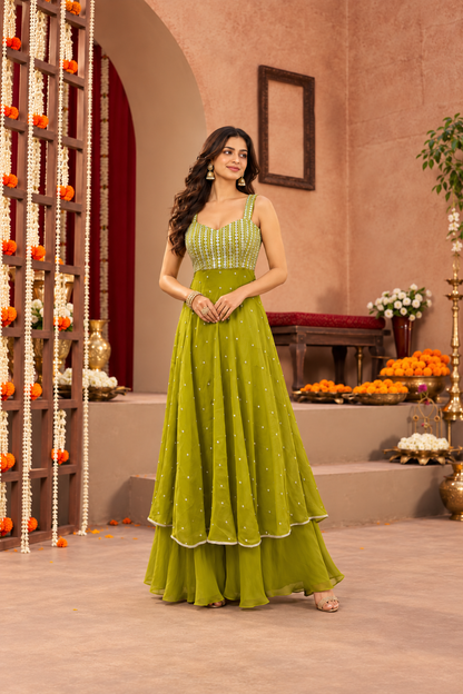 AKHILA GREEN FUSION ANARKALI SET