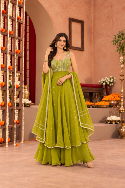 AKHILA GREEN FUSION ANARKALI SET